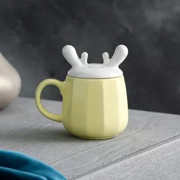 Кружка керамическая "Олень", с крышкой, 450 мл, жёлтая, 1 сорт, Иран