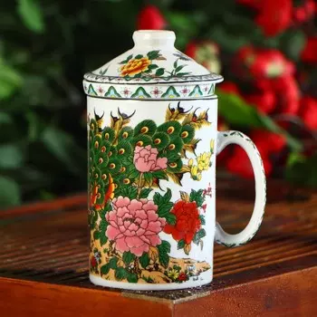 Кружка керамическая с крышкой и ситом «Цветы», 300 мл