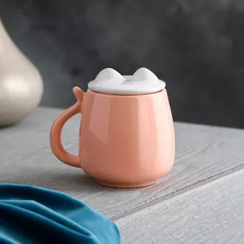 Кружка "Котик", с крышкой, розовая, 400 мл, 1 сорт, Иран