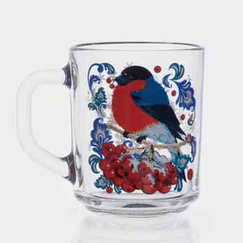 Кружка новогодняя стеклянная для чая «Снегири на рябине», 200 мл