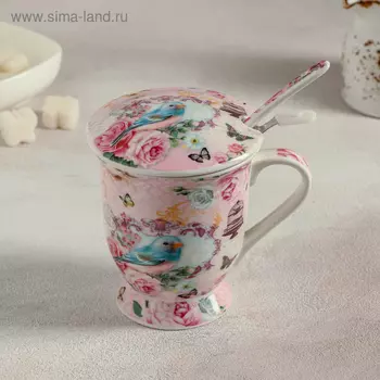 Кружка «Птички», 350 мл, с ситом, ложкой и крышкой