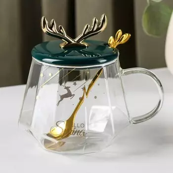 Кружка с керамической крышкой и ложкой «Бэмби», 350 мл, стекло, рисунок МИКС