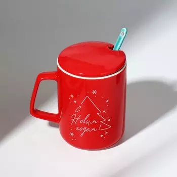 Новый год. Кружка керамическая с ложкой и крышкой «С Новым годом», 400 мл, цвет красный
