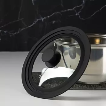 Крышка для сковороды и кастрюли Доляна, универсальная, d=20/22/24 см, с силиконовым ободком и ручкой, стекло, чёрная