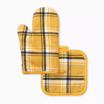 Кухонный набор Этель «Клетка», цвет жёлтый, прихватка 1717 см, варежка-прихватка 2616 см,100%п/э