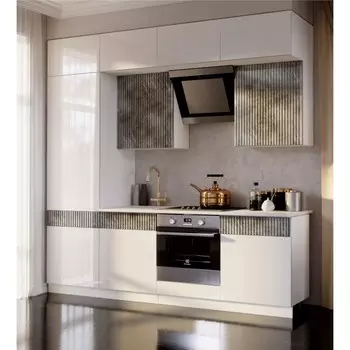 Кухня трехуровневая под потолок 2400 Престиж, Белый глянец/Мрамор глянец