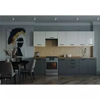 Кухня прямая «Вегас», со столешницей, 3000600 мм, цвет антрацит/дуб вотан/антрацит/жемчуг