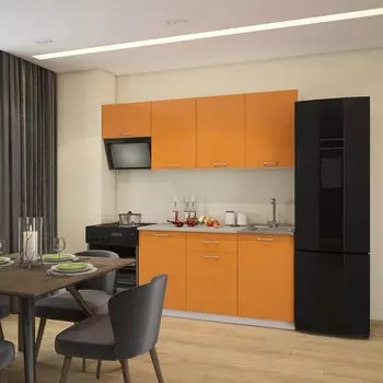 Кухонный гарнитур 2100 мм, цвет корпус белый / оранжевый / столешница сахара белая