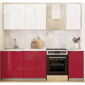 Кухонный гарнитур Бостон 1600х600 белый/белый/красный глянец