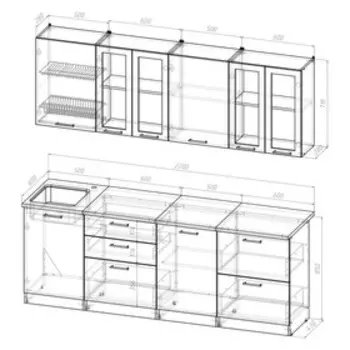 Кухонный гарнитур Лоретта компакт 2200х600 Венге/дуглас темный/Дуб грей