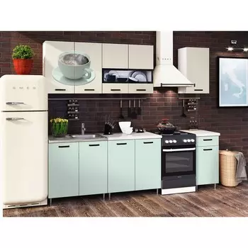 Кухонный гарнитур «Рио 2», 2000 мм, ЛДСП, цвет мята / бежевый / фотопечать «Чашка»