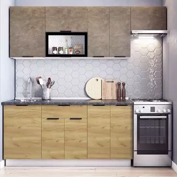 Кухонный гарнитур Стоун 2200х600 белый/камень темно-серый/акация светлая