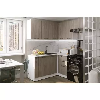 Кухонный гарнитур угловой «Фьюджи мега прайм», 16001700 мм, цвет кашемир/джарра/белый