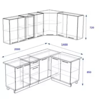Кухонный гарнитур угловой Волна 14, 200х1400 мм, Ваниль глянец/Капучино