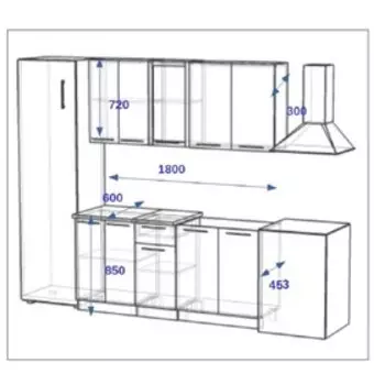 Кухонный гарнитур Волна 1, 1800х600 мм, Белый металлик/Бирюза