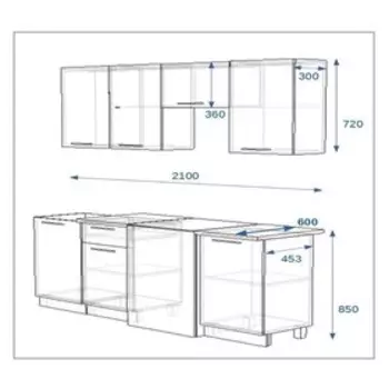 Кухонный гарнитур Волна 2, 2100х600 мм, Белый металлик/Бирюза