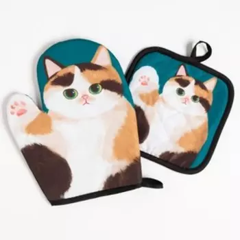 Кухонный набор (2 предмета) Доляна Котики «Василий», прихватка 17х17 см, варежка 24*18 см, 100% п/э