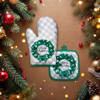 Кухонный набор 2 прихваткиДоляна Christmas прихватка 17*17см, Варежка-прихватка новогодняя 26*16 см,100%п/э