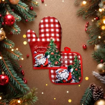 Кухонный набор Доляна «Рождество», прихватка 1717 см, варежка-прихватка 2616 см,100% п/э