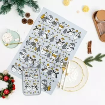 Кухонный набор Снеговики и елки (полотенце 39х60+прихватка 14х22), серо-голубой, хл100%