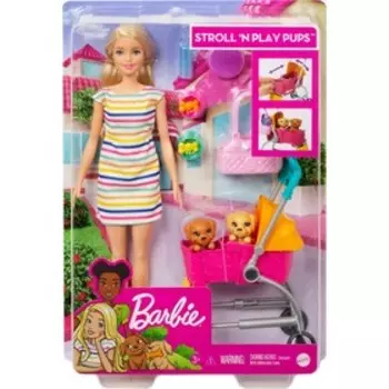 Кукла Барби с щенком в коляске