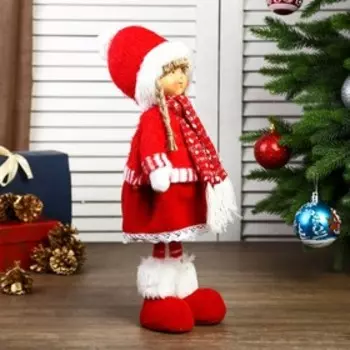 Кукла интерьерная "Девочка Валя в красном наряде, в шапке с бомбошкой" 38х12х17 см