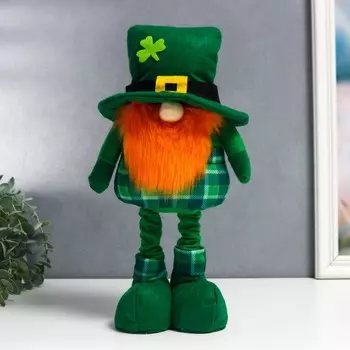 Кукла интерьерная "Лепрекон в цилиндре с клевером" зелёный, раздвижной 33-45 см