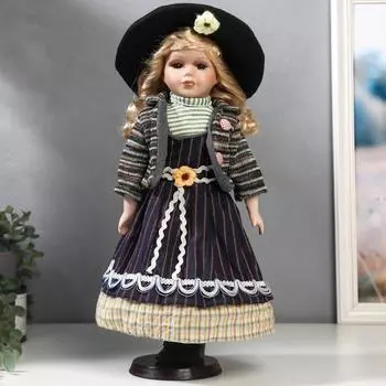Кукла коллекционная керамика "Блондинка с кудрями, фиолетовый полосатый сарафан" 40 см