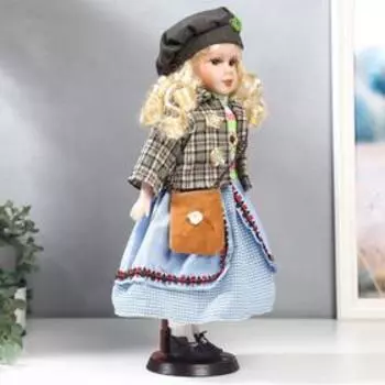 Кукла коллекционная керамика "Блондинка с кудрями, голубая юбка, пиджак в клетку" 40 см
