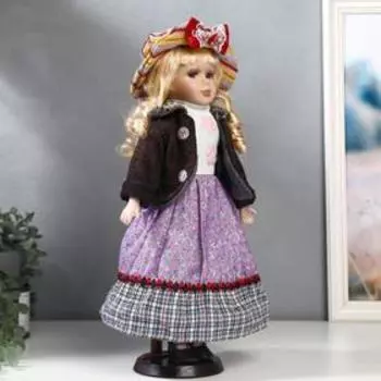 Кукла коллекционная керамика "Блондинка с кудрями, сиреневая юбка, шляпка полоски" 40 см