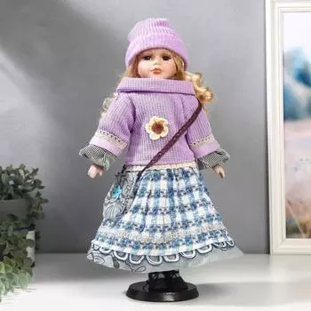 Кукла коллекционная керамика "Блондинка с кудрями, сиреневый свитер и шапочка" 40 см