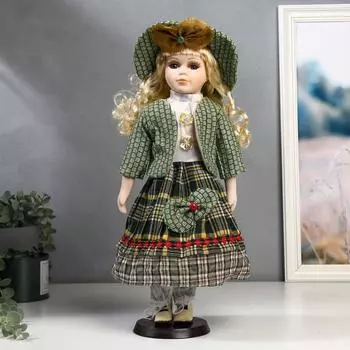 Кукла коллекционная керамика "Блондинка с кудрями, зелёный наряд" 40 см