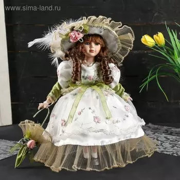 Кукла коллекционная керамика "Лидия в оливковом платье с цветами с зонтом" 30 см