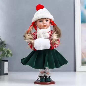 Кукла коллекционная керамика "Полинка в зимнем красном свитере, в шапке и шарфе" 30 см