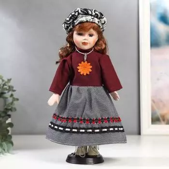 Кукла коллекционная керамика "Рыжая в бордовой кофте и юбке в клетку" 30 см