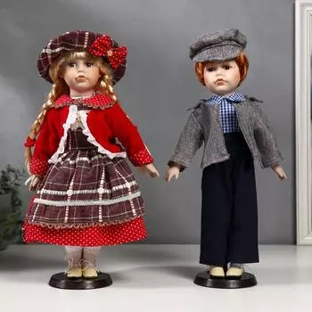 Кукла коллекционная парочка набор 2 шт "Лиза и Лёша в нарядах в клеточку" 40 см