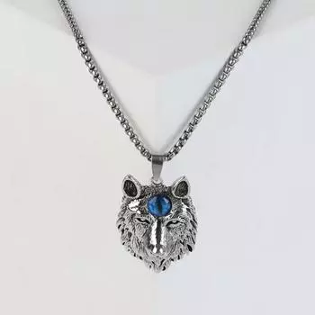 Кулон амулет «Помпеи» волк и третий глаз, синий в чернёном серебре, 70 см