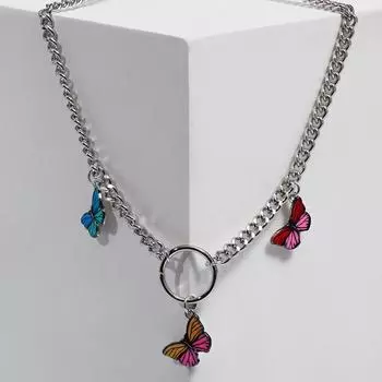 Кулон "Цепь" бабочки, цветной в серебре, 40см