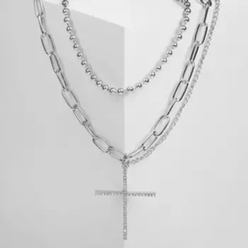 Кулон "Цепь" бусина из жемчуга с крестом, цвет белый в серебре, 45см