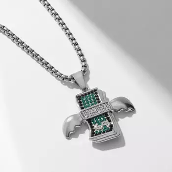 Кулон «Деньги с крыльями», чёрно-зелёный в серебре, 70 см