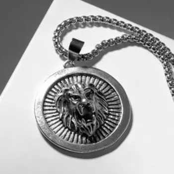 Кулон мужской "Лев" в солнце, цвет серебро. 70см