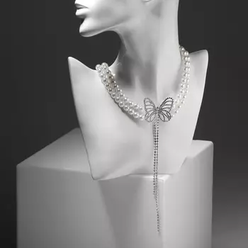 Колье с жемчугом «Бабочка», белое в серебре, 30 см