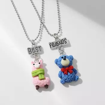 Кулоны парные «Медведь и лама», 40 см, цвет синий/розовый в серебре