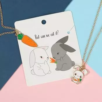 Кулоны парные на цепочке «Морковка с зайцем», 45 см, белые, оранжевые в золоте