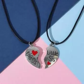 Кулоны "Неразлучники" сестринское сердце, цвет чёрно-красный в серебре, 45 см