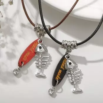 Кулоны на шнурке "Неразлучники" скелеты рыб, Hand made, цвет чёрно-коричневый с серебром, 43см