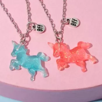 Кулоны неразлучники "Выбражулька" блестящие единороги, цвет кораллово-голубой в серебре, 45 см