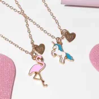 Кулоны неразлучники «Выбражулька» фламинго и единорог, 2 цепочки, цветные в золоте