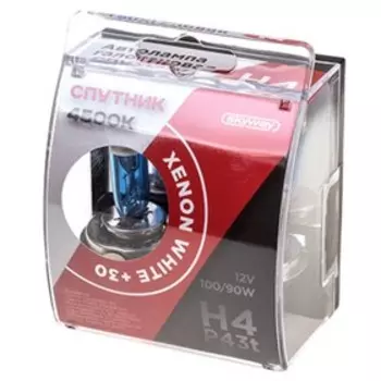 Лампа автомобильная Skyway Спутник H4, 12 В, 100/90 Вт, P43t, XENON WHITE+30, 4500 К, 2 шт