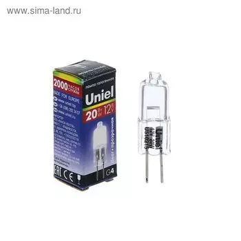 Лампа галогенная Uniel, G4, 20 Вт, 12 В, прозрачная